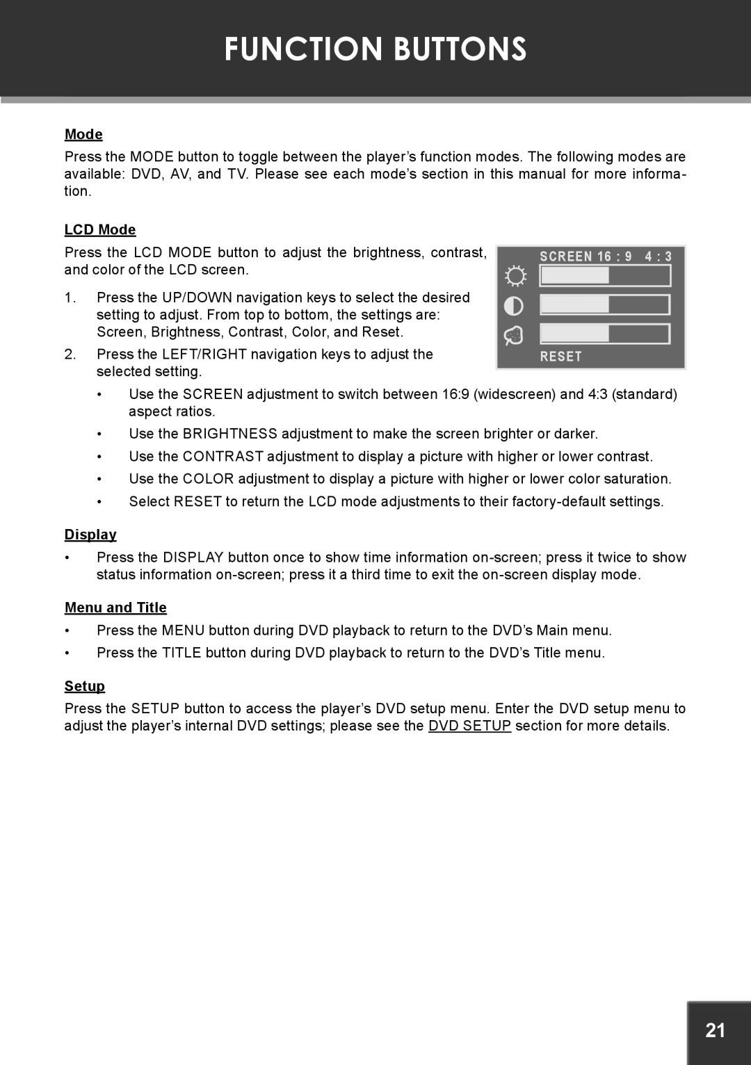 COBY electronic TF-DVD7380 instruction manual Function Buttons 