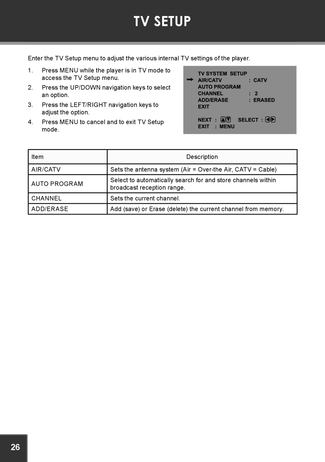 COBY electronic TF-DVD7380 instruction manual TV Setup 