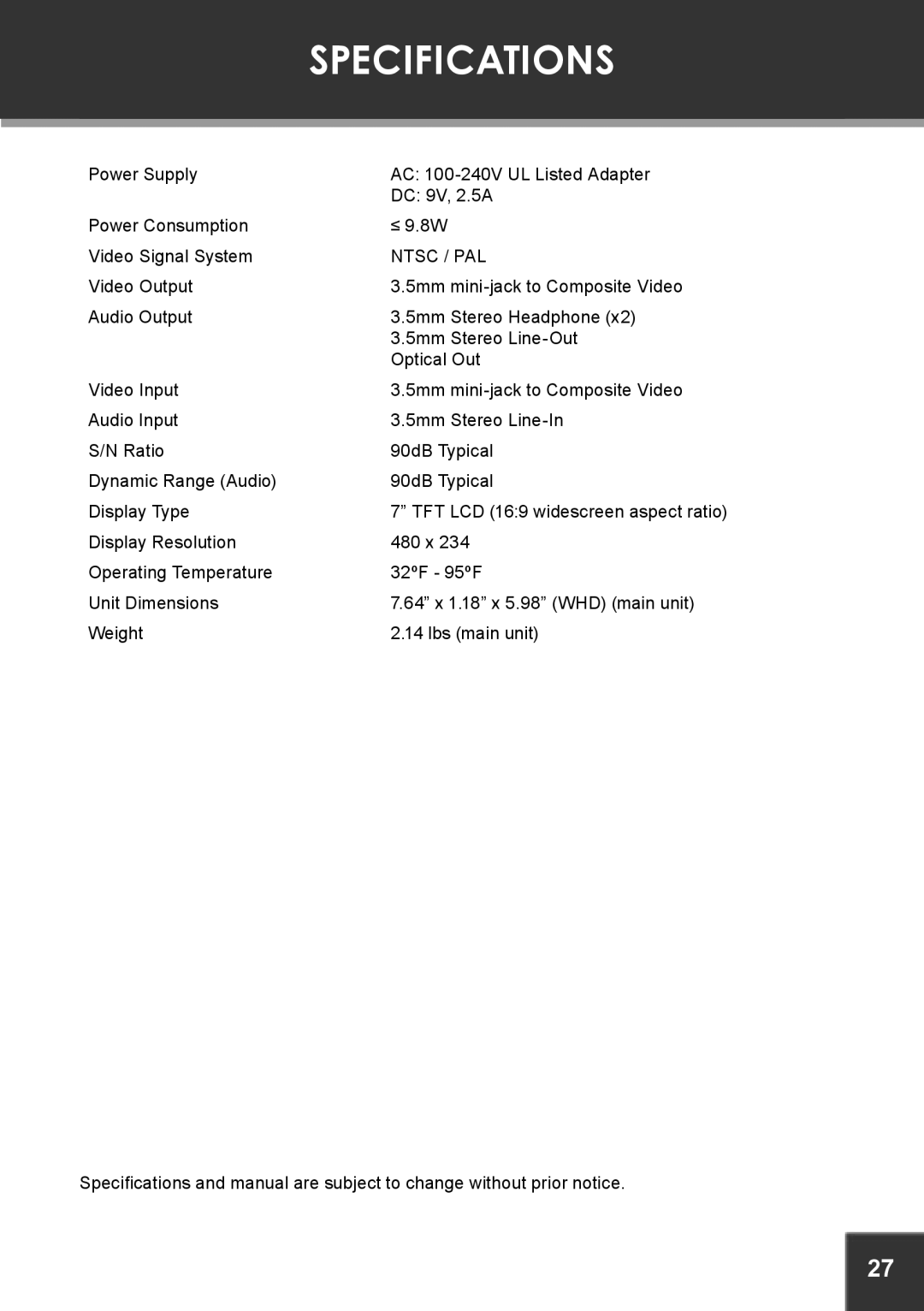 COBY electronic TF-DVD7380 instruction manual Specifications, Ntsc / PAL 