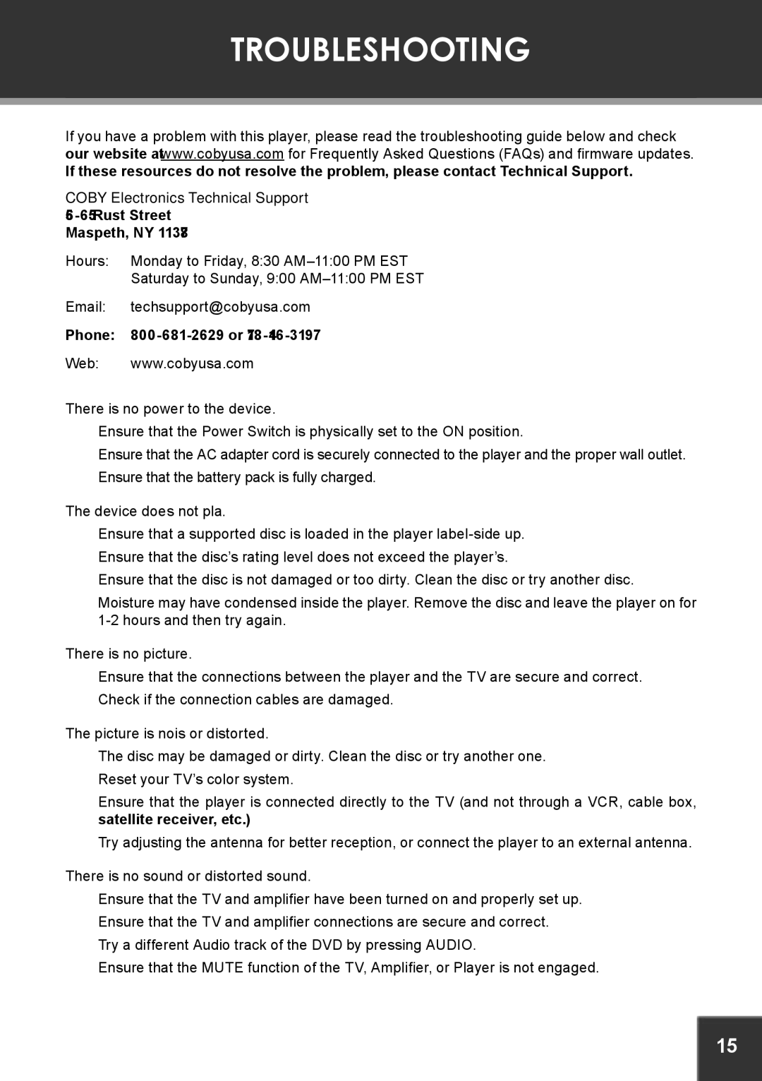 COBY electronic TF-DVD7380 instruction manual Troubleshooting, Coby Electronics Technical Support 