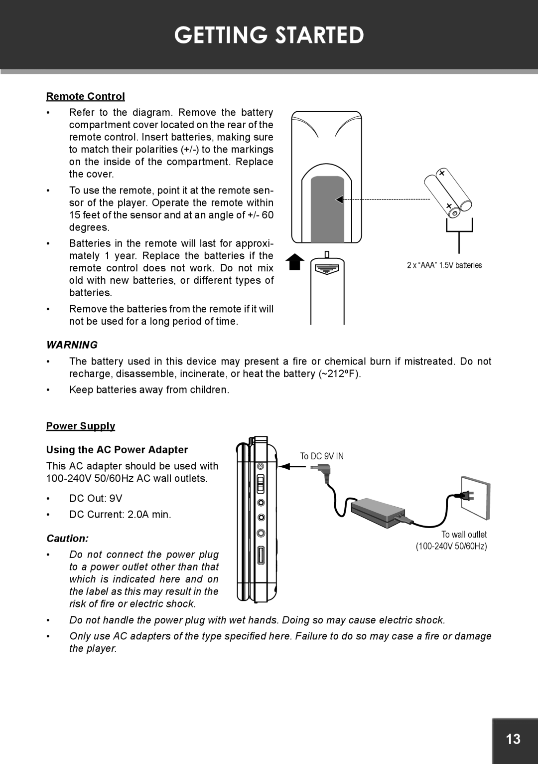 COBY electronic TF-DVD7380 instruction manual Getting Started, Power Supply Using the AC Power Adapter, Remote Control 