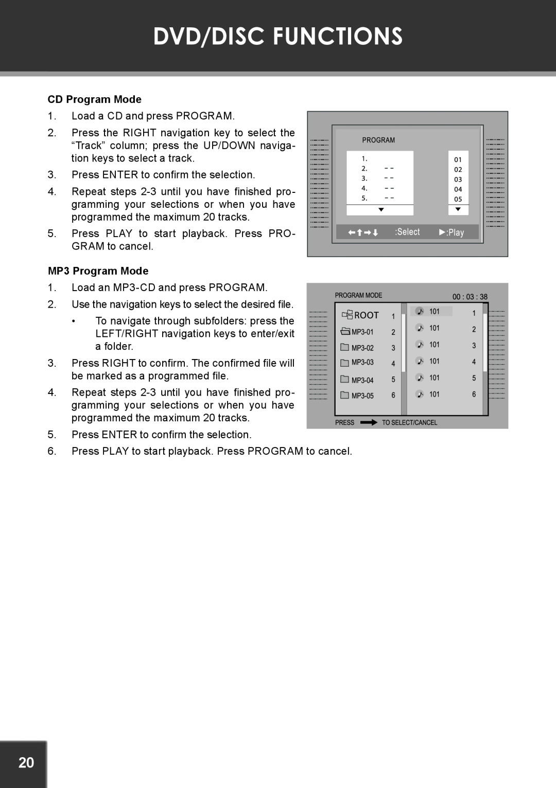 COBY electronic TF-DVD7380 instruction manual CD Program Mode, MP3 Program Mode, Dvd/Disc Functions 