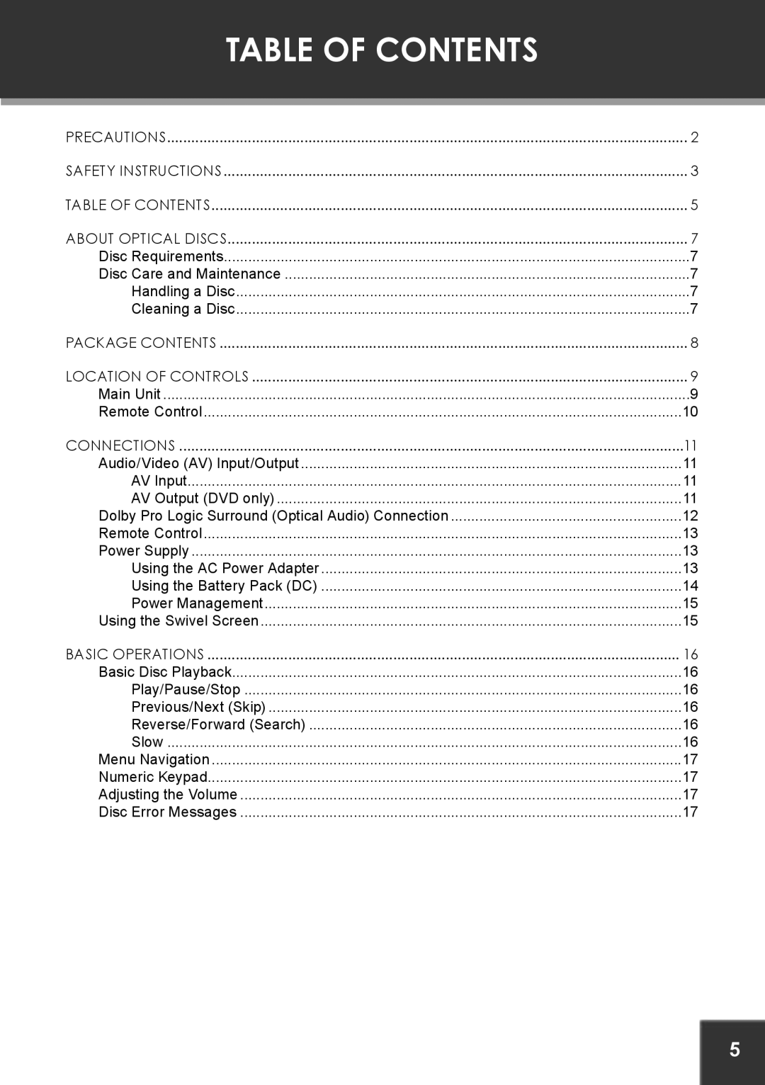 COBY electronic TF-DVD7380 instruction manual Table Of Contents, Connections, Basic Operations 
