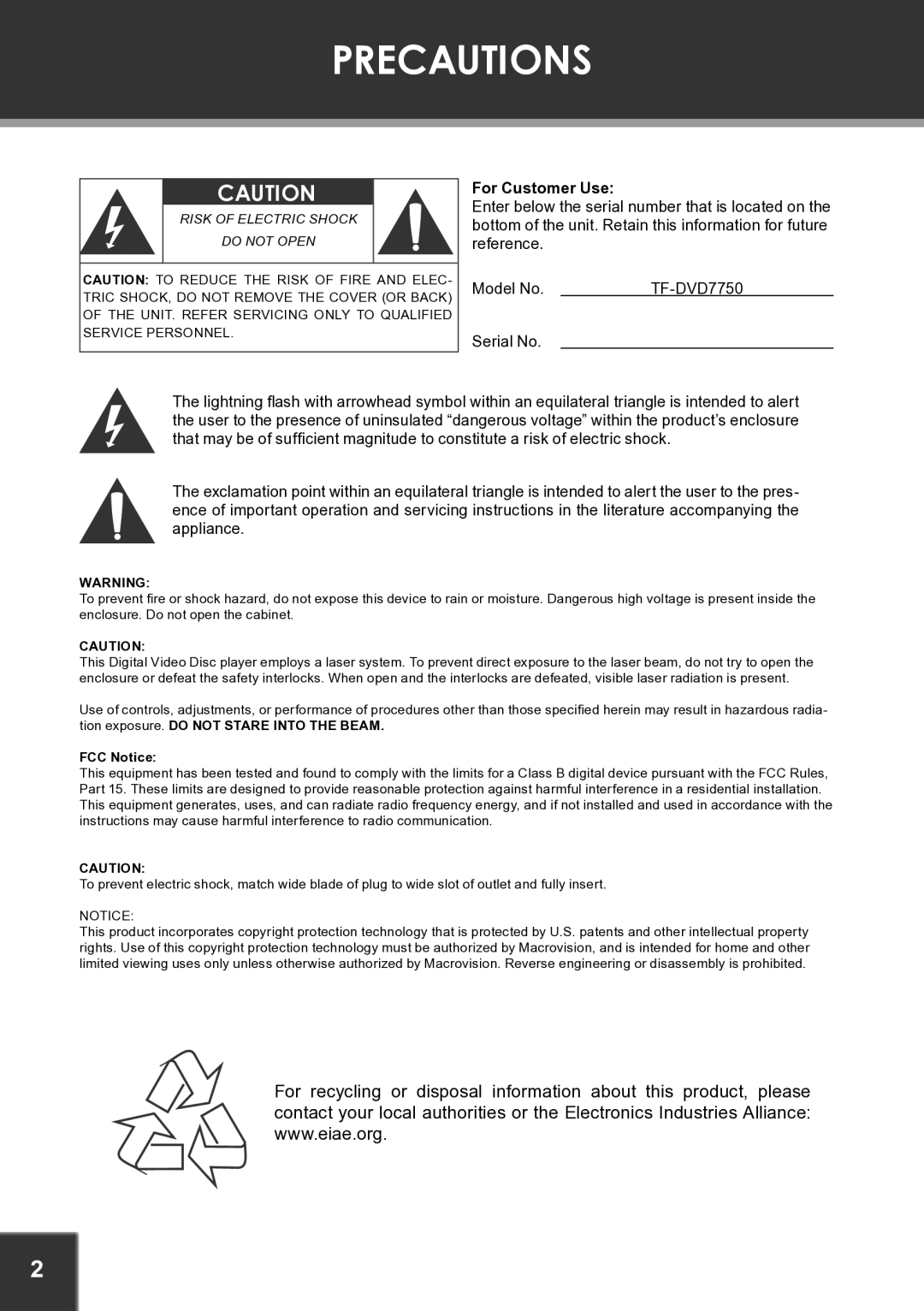 COBY electronic TF-DVD7750 instruction manual Precautions, For Customer Use 