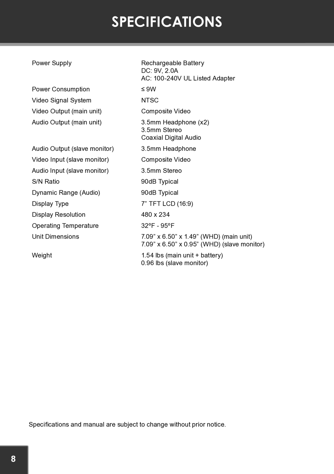 COBY electronic TF-DVD7750 instruction manual Specifications, Ntsc 