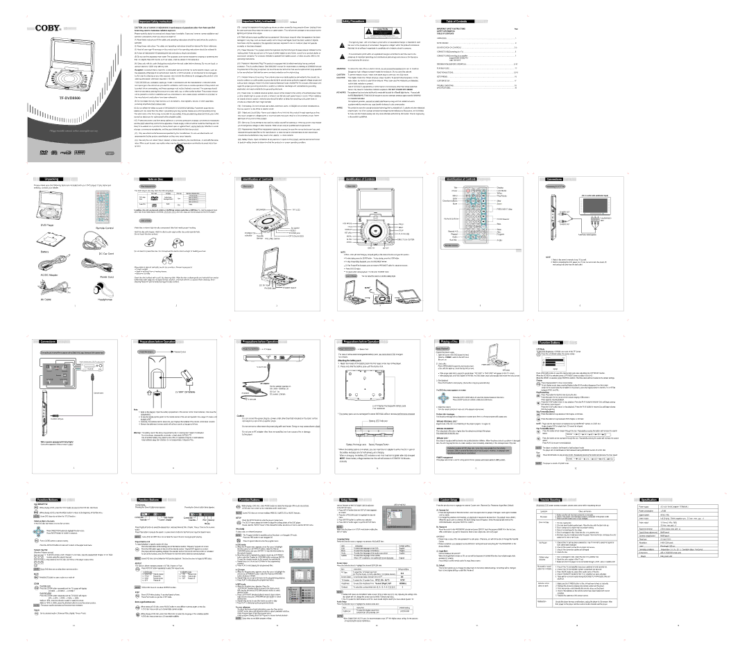 COBY electronic TF-DVD8500 operating instructions Important Safety Instruction, Safety Precautions, Table of Contents 