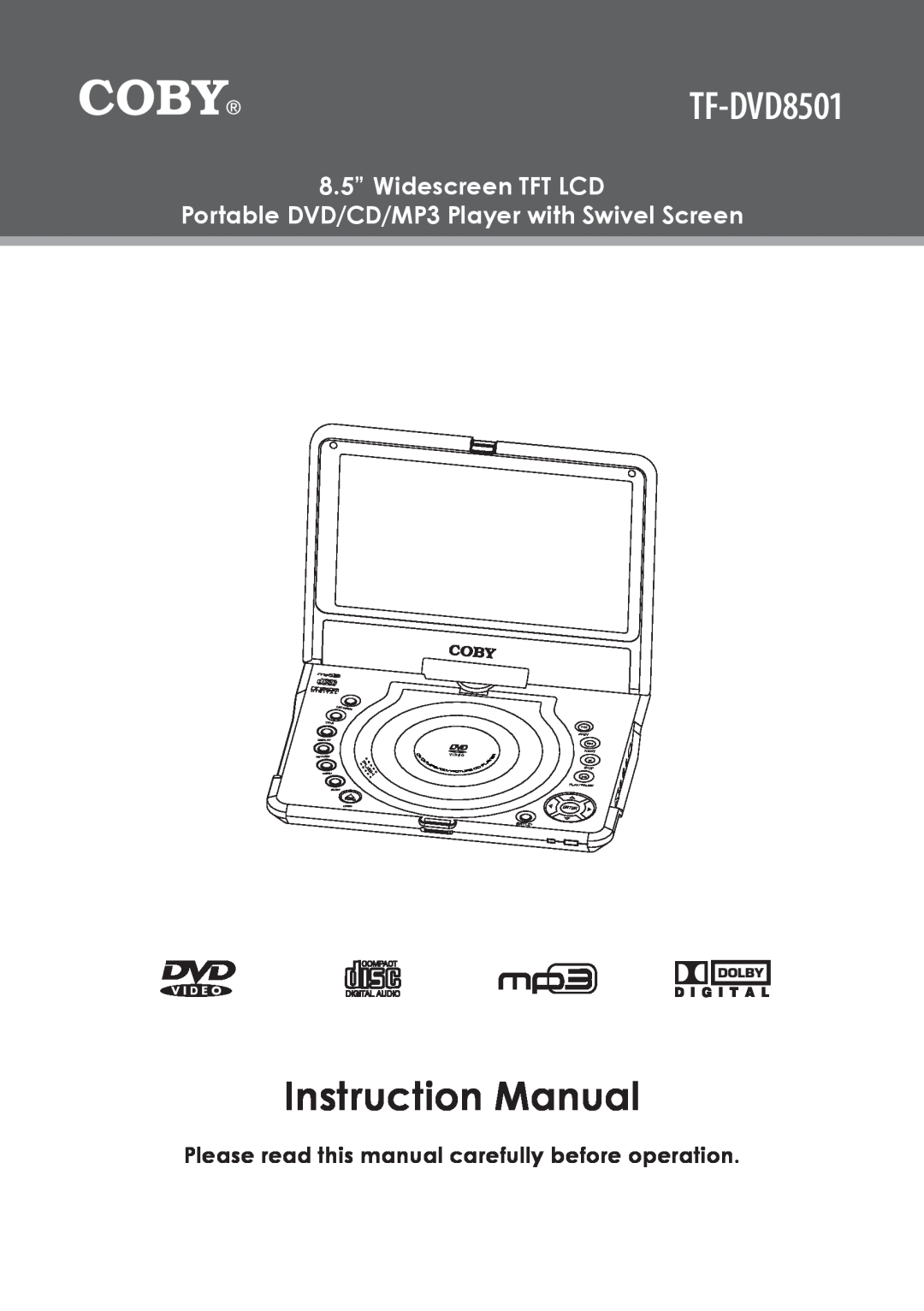 COBY electronic TF-DVD8501 instruction manual Portable8.5”WidescreenMP3 Micro SystemTFT LCDwith, Instruction Manual 