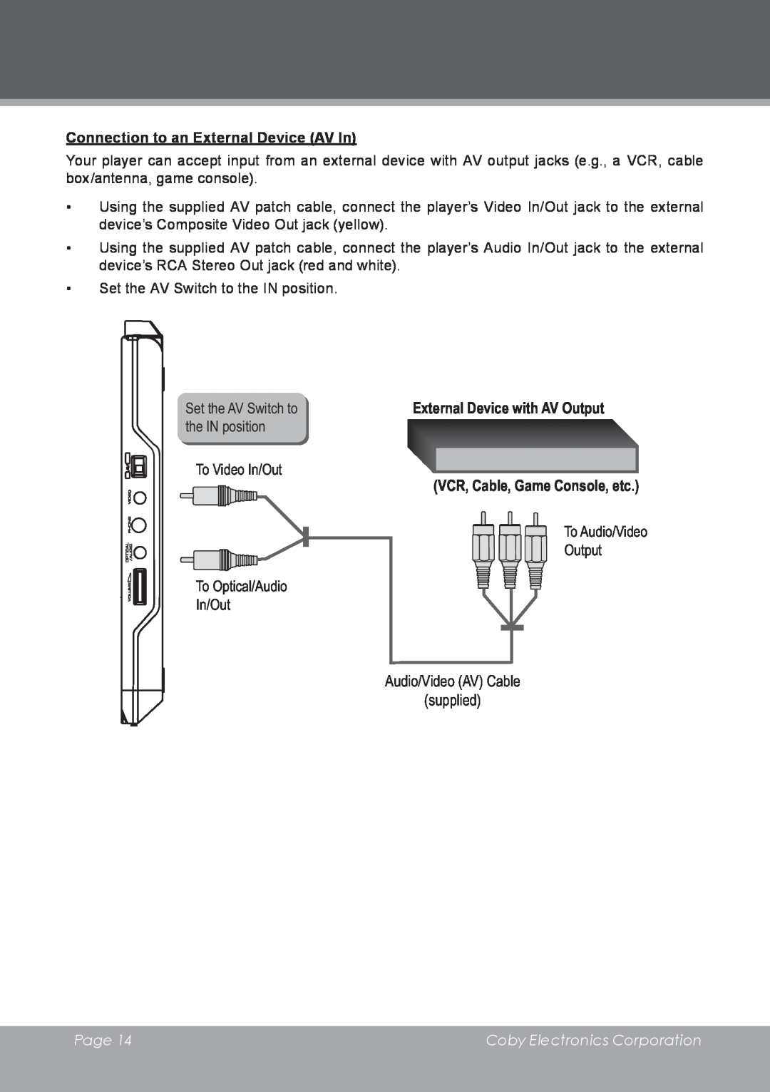 COBY electronic TF-DVD8501 instruction manual Connection to an External Device AV In, External Device with AV Output, Page 