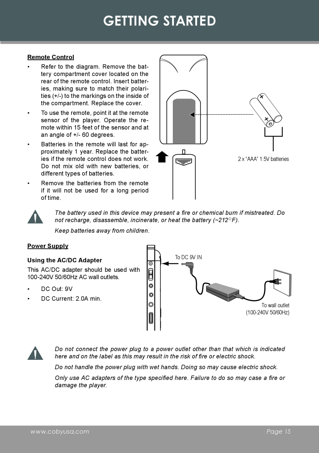 COBY electronic TF-DVD8501 instruction manual Getting Started, Power Supply, Using the AC/DC Adapter, Remote Control, Page 