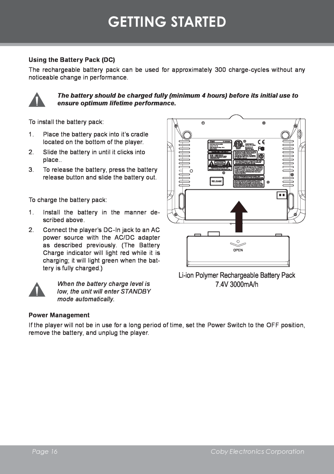 COBY electronic TF-DVD8501 Li-ion Polymer Rechargeable Battery Pack, 7.4V 3000mA/h, Using the Battery Pack DC, Page 