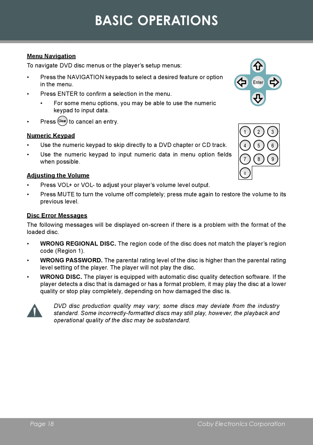 COBY electronic TF-DVD8501 Menu Navigation, Numeric Keypad, Adjusting the Volume, Disc Error Messages, Basic Operations 