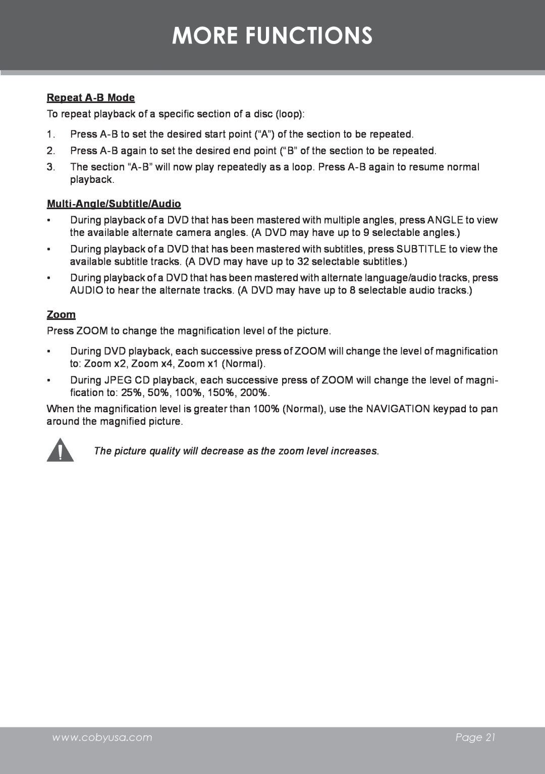 COBY electronic TF-DVD8501 instruction manual Repeat A-B Mode, Multi-Angle/Subtitle/Audio, Zoom, More Functions, Page 