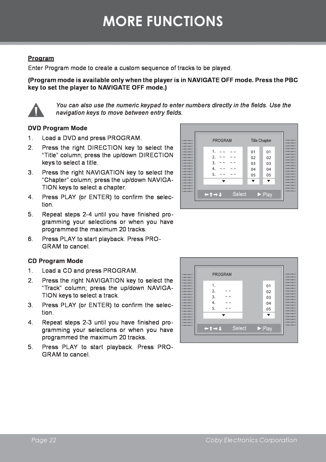 COBY electronic TF-DVD8501 DVD Program Mode, CD Program Mode, More Functions, Page, Coby Electronics Corporation 