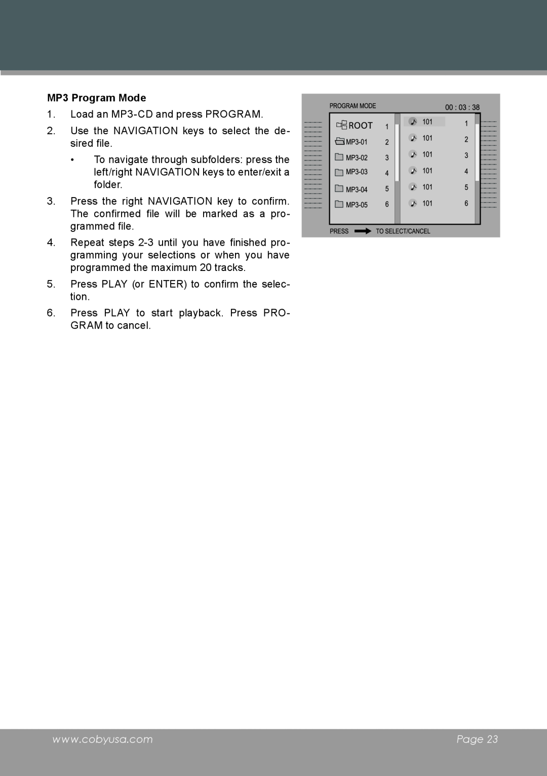 COBY electronic TF-DVD8501 instruction manual MP3 Program Mode, Page 