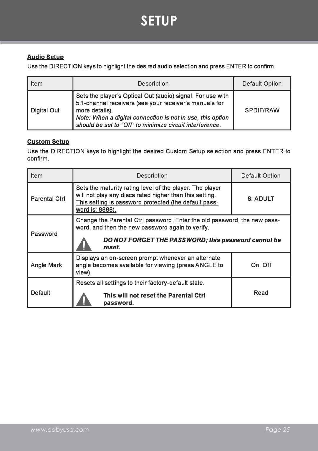 COBY electronic TF-DVD8501 Audio Setup, Custom Setup, DO NOT FORGET THE PASSWORD this password cannot be, reset, Page 