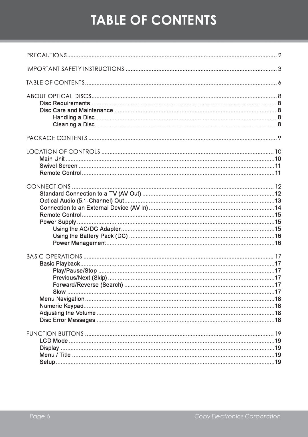 COBY electronic TF-DVD8501 Table Of Contents, Page , Coby Electronics Corporation, Important Safety Instructions 