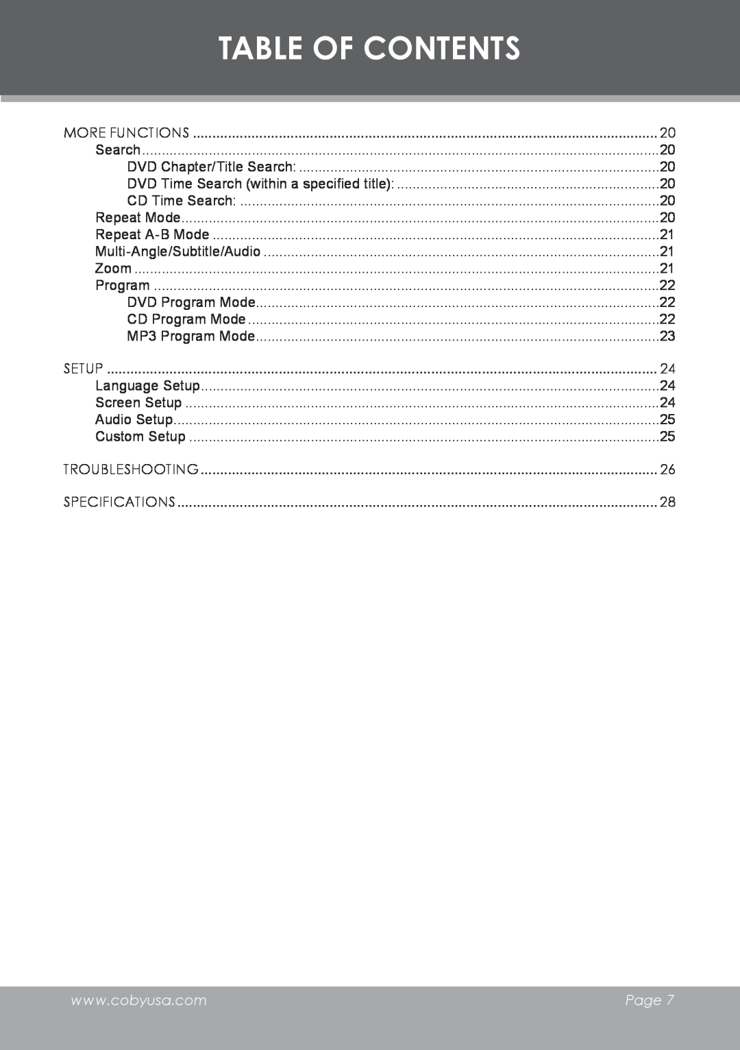 COBY electronic TF-DVD8501 instruction manual Table Of Contents, Search, Page  