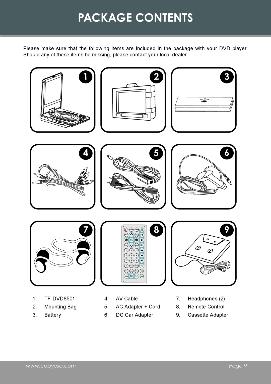 COBY electronic TF-DVD8501 instruction manual Package Contents, Page , Cassette Adapter, Mute, Clear, Step 