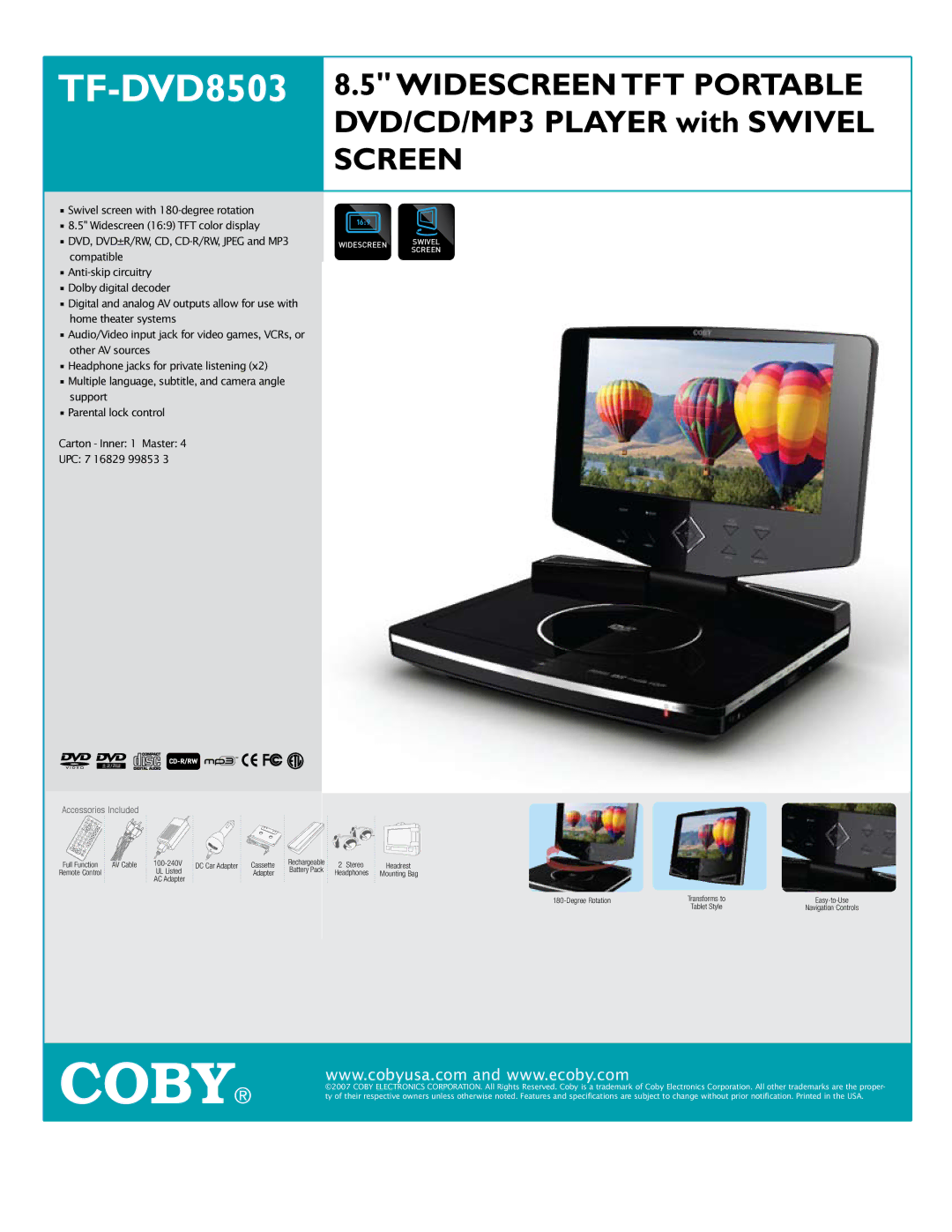 COBY electronic TF-DVD8503 specifications Coby, Screen, Accessories Included 