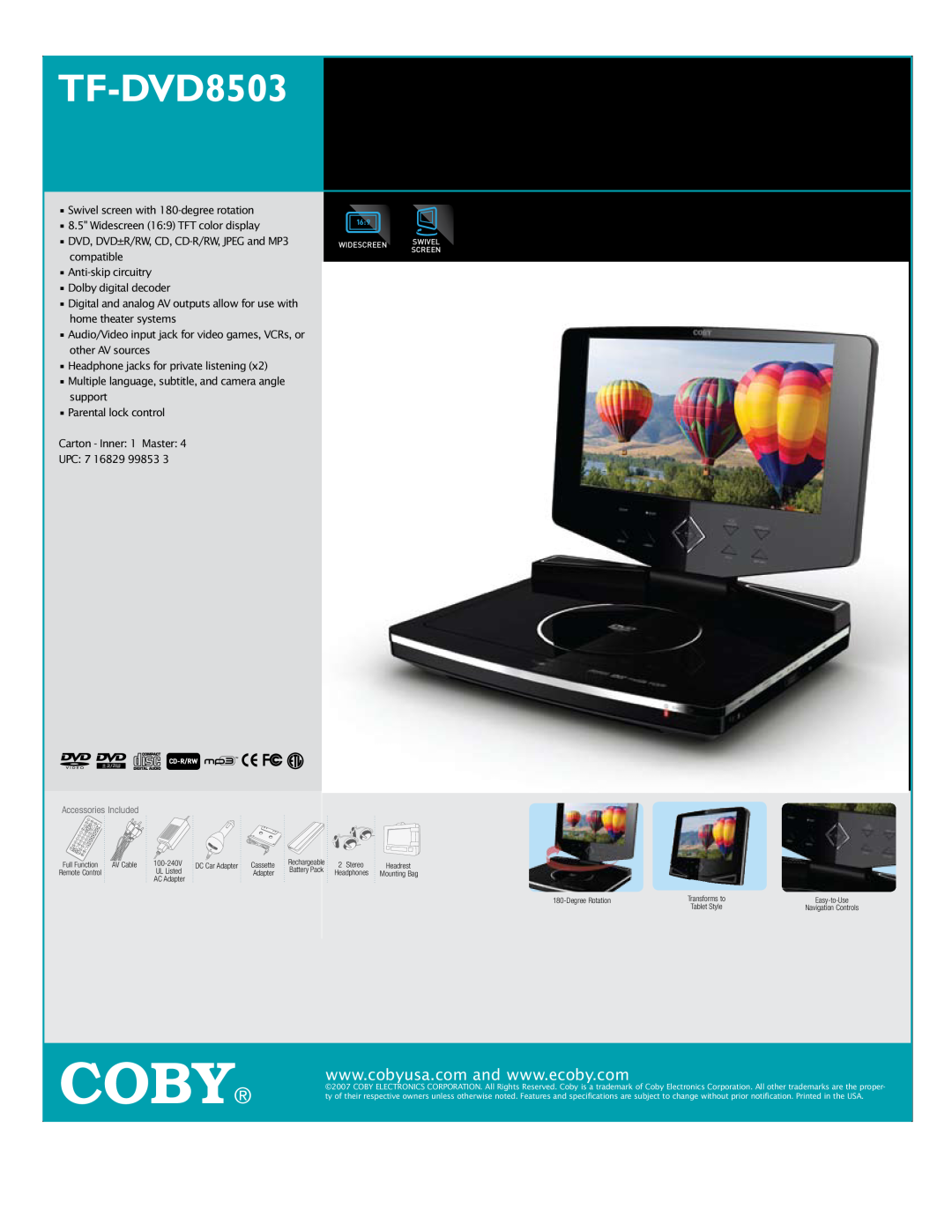 COBY electronic specifications Coby, TF-DVD8503 8.5 WIDESCREEN TFT PORTABLE DVD/CD/MP3 PLAYER with SWIVEL, Screen 