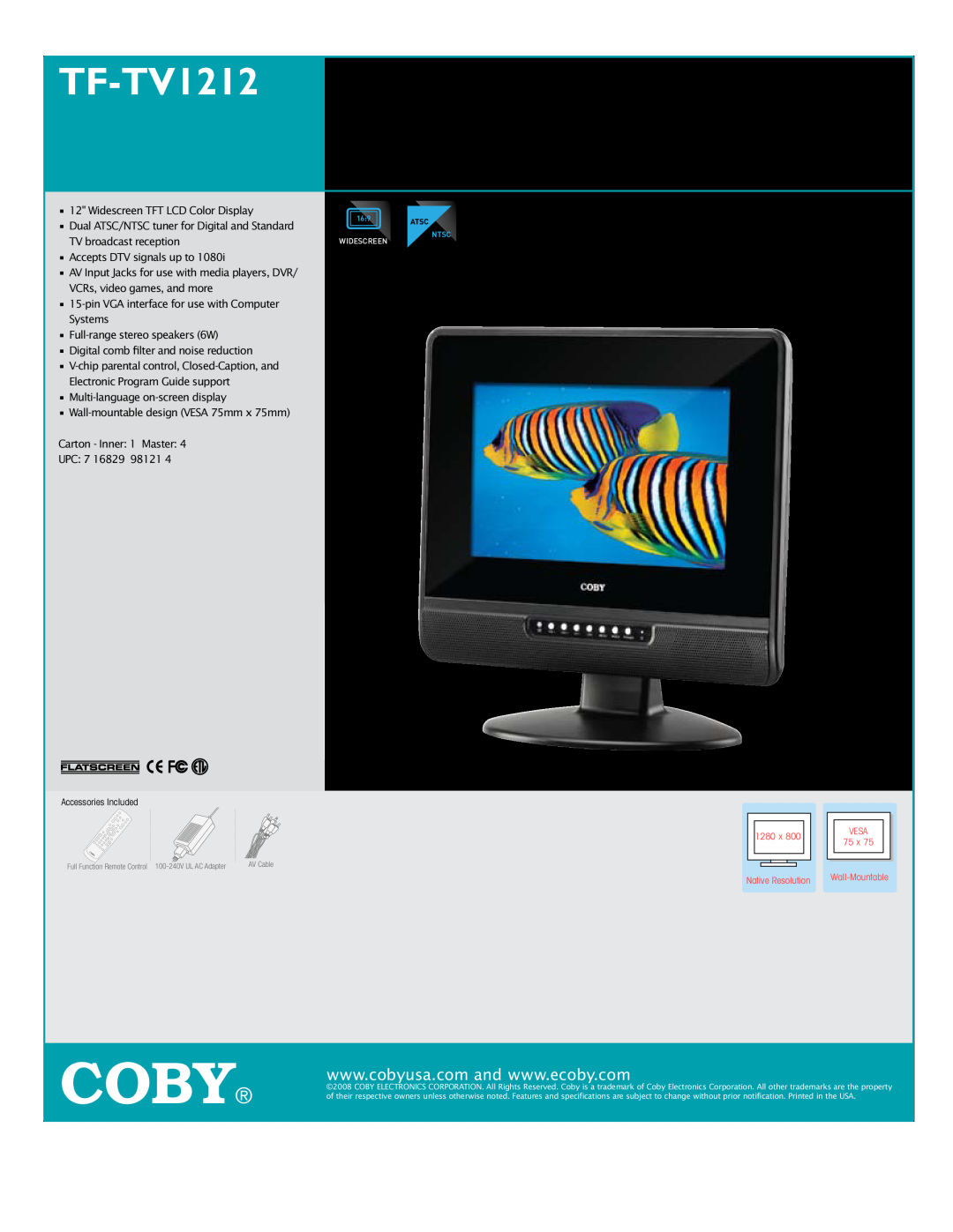 COBY electronic specifications Coby, TF-TV1212 12” WIDESCREEN LCD DIGITAL TV/MONITOR 