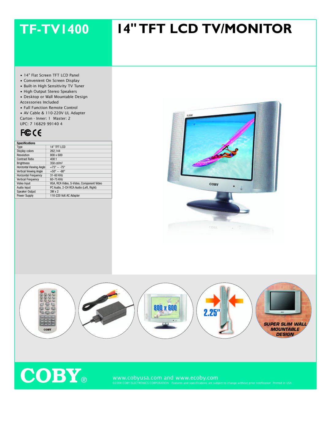 COBY electronic specifications TF-TV140014 TFT LCD TV/MONITOR, Specifications, Tft Lcd 