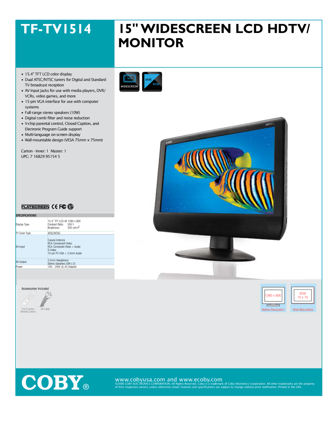 COBY electronic specifications Coby, TF-TV151415 Widescreen LCD Hdtv Monitor 