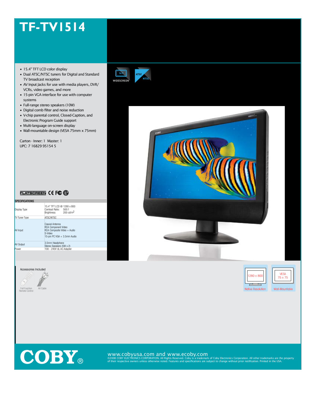 COBY electronic specifications Coby, TF-TV1514 15 WIDESCREEN LCD HDTV MONITOR 