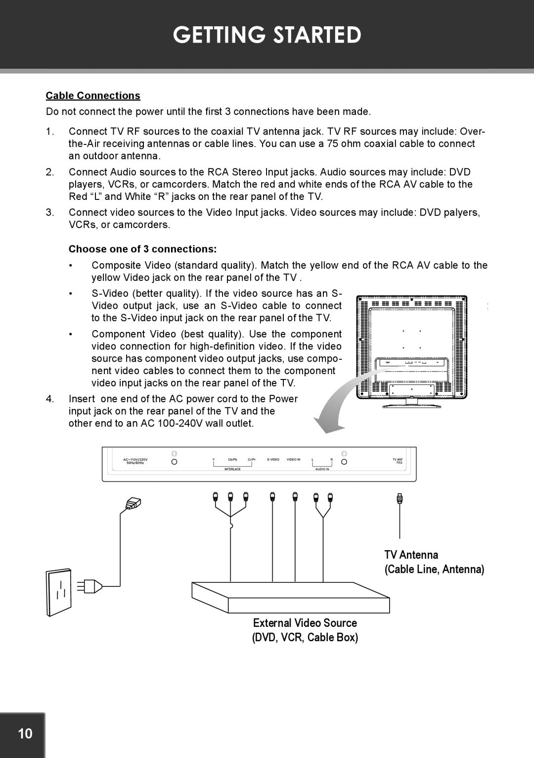 COBY electronic TF-TV1901 instruction manual Getting Started, Cable Connections, Choose one of 3 connections 