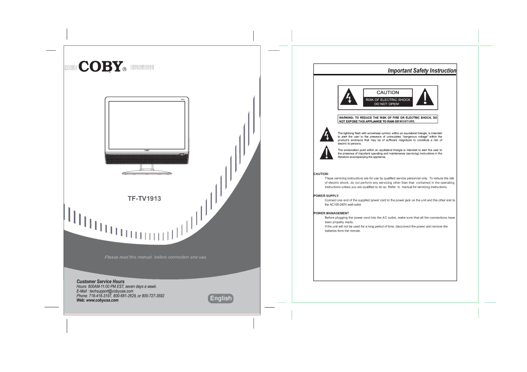 COBY electronic TF-TV1913 operating instructions Important Safety Instruction 