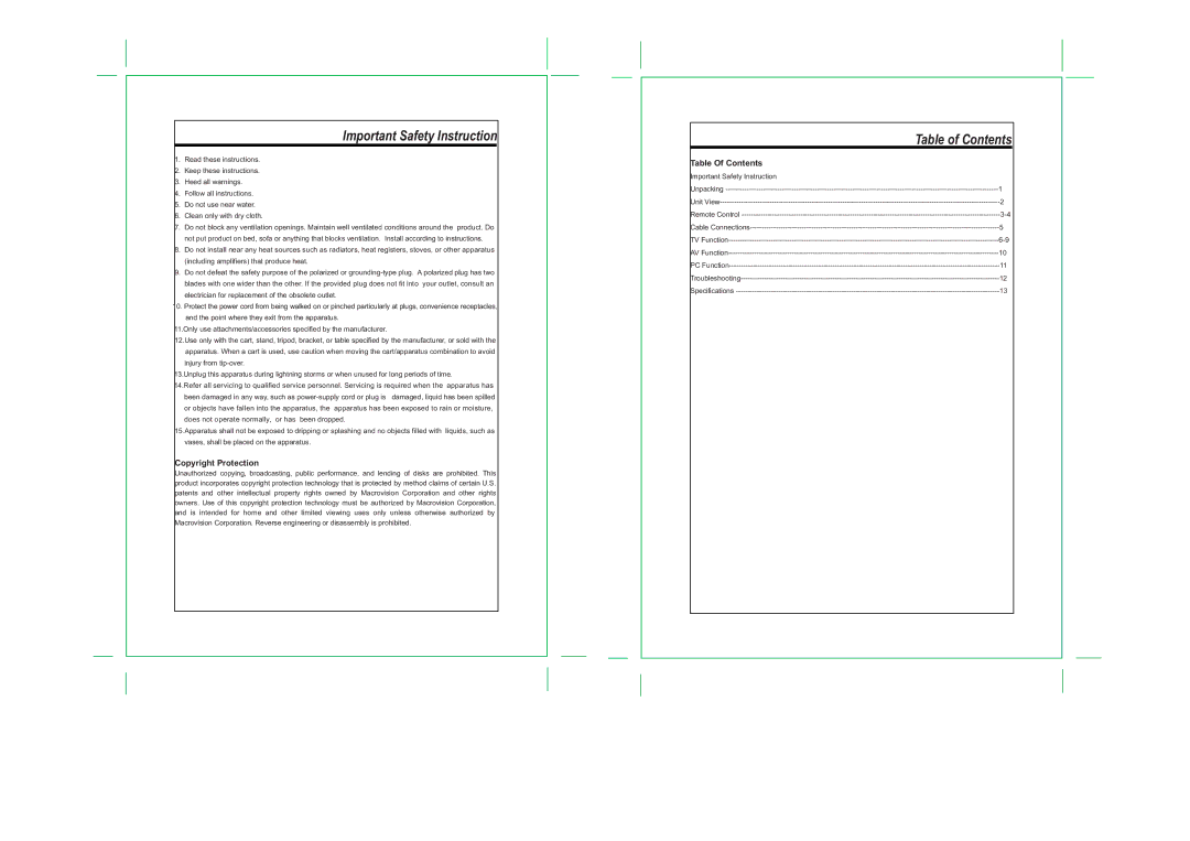 COBY electronic TF-TV1913 operating instructions Table of Contents 