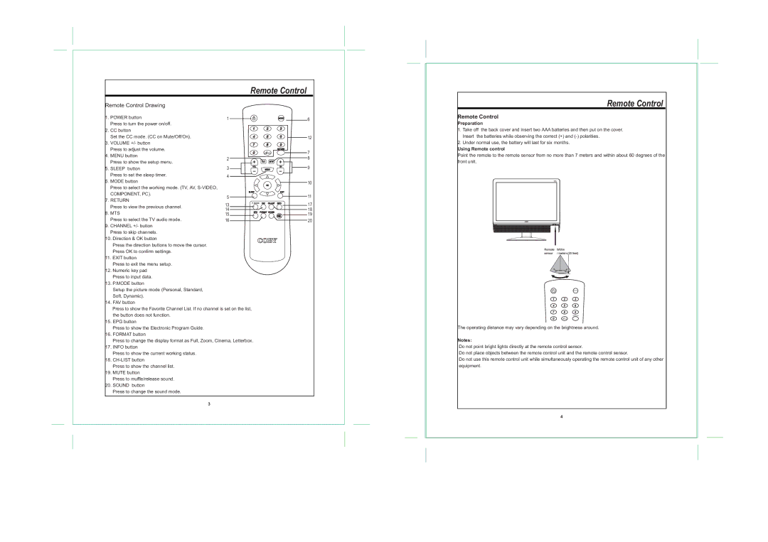 COBY electronic TF-TV1913 operating instructions Remote Control, Return, Preparation, Using Remote control 