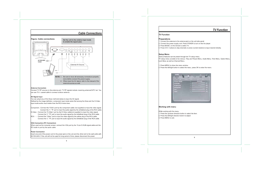 COBY electronic TF-TV1913 Cable Connections, TV Function Preparations, Setup Menu, Working with menu 