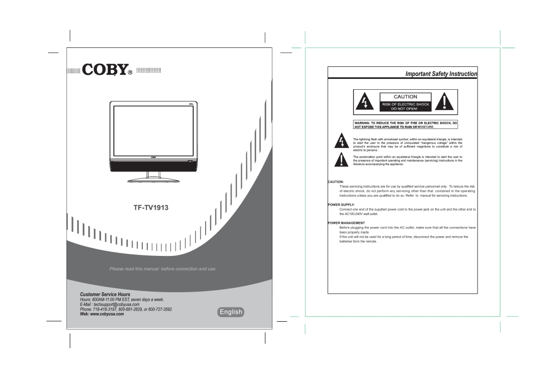 COBY electronic TF-TV1913 operating instructions Important Safety Instruction, Power Supply, Power Management 