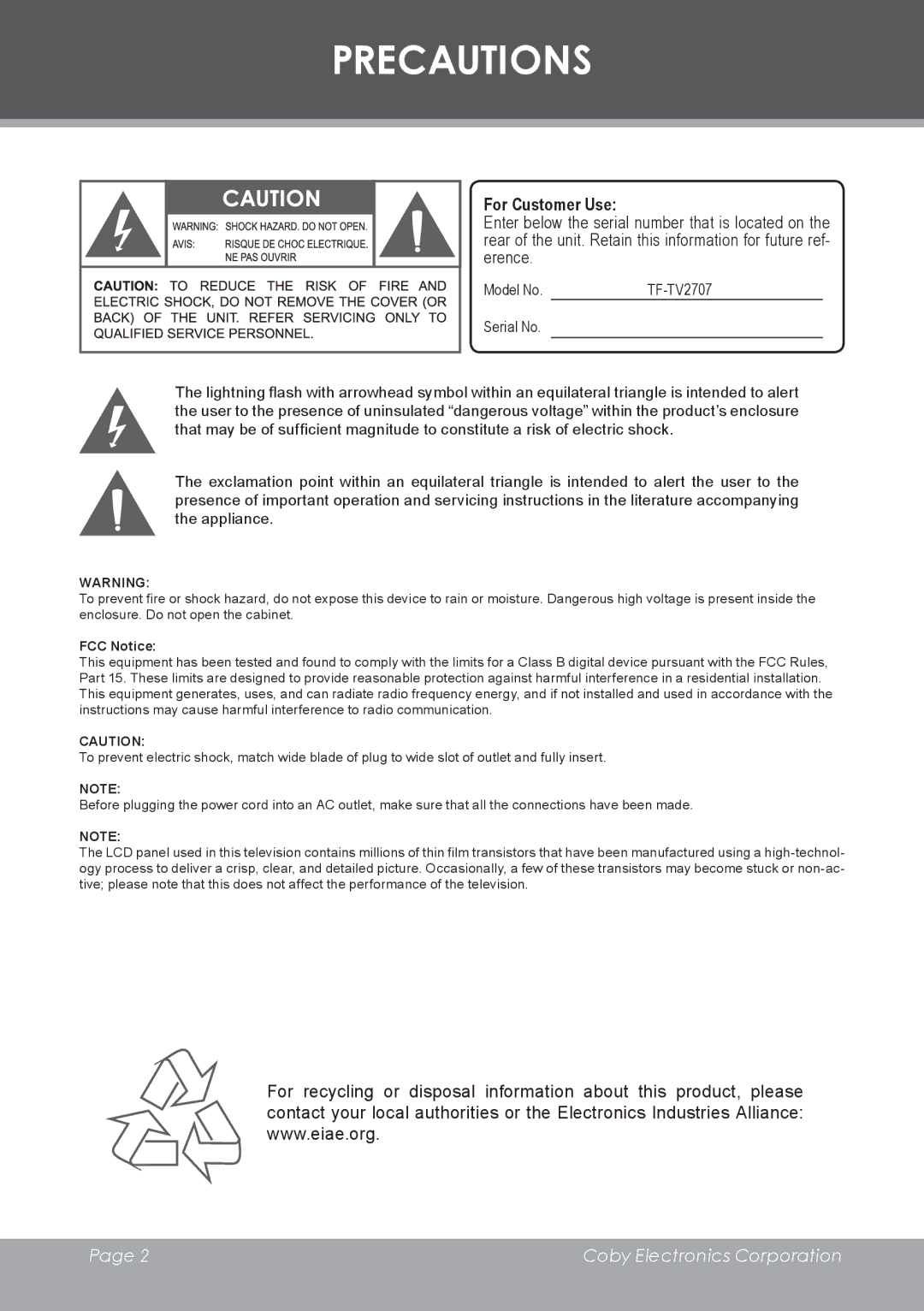 COBY electronic TF-TV2707 instruction manual Precautions, For Customer Use 