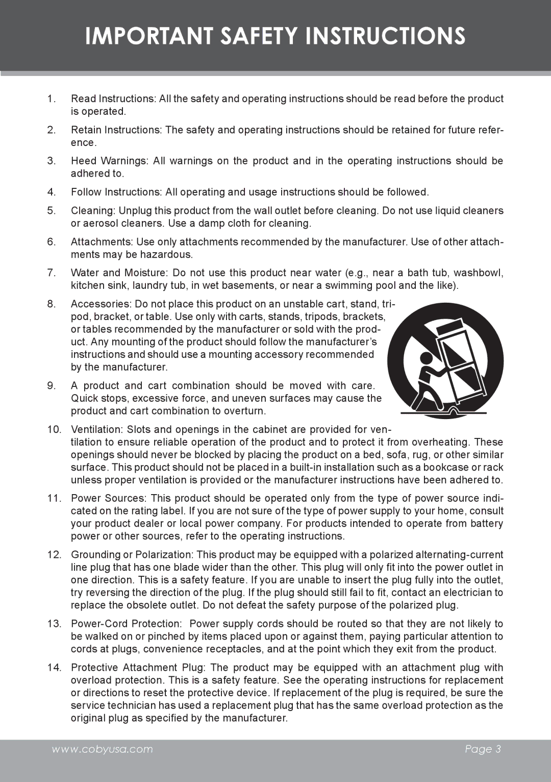 COBY electronic TF-TV2707 instruction manual Important Safety Instructions 