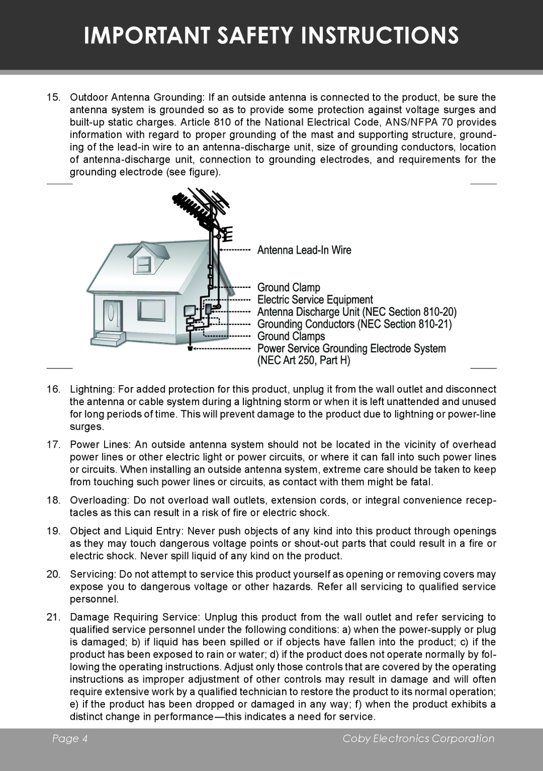 COBY electronic TF-TV2707 instruction manual Important Safety Instructions 