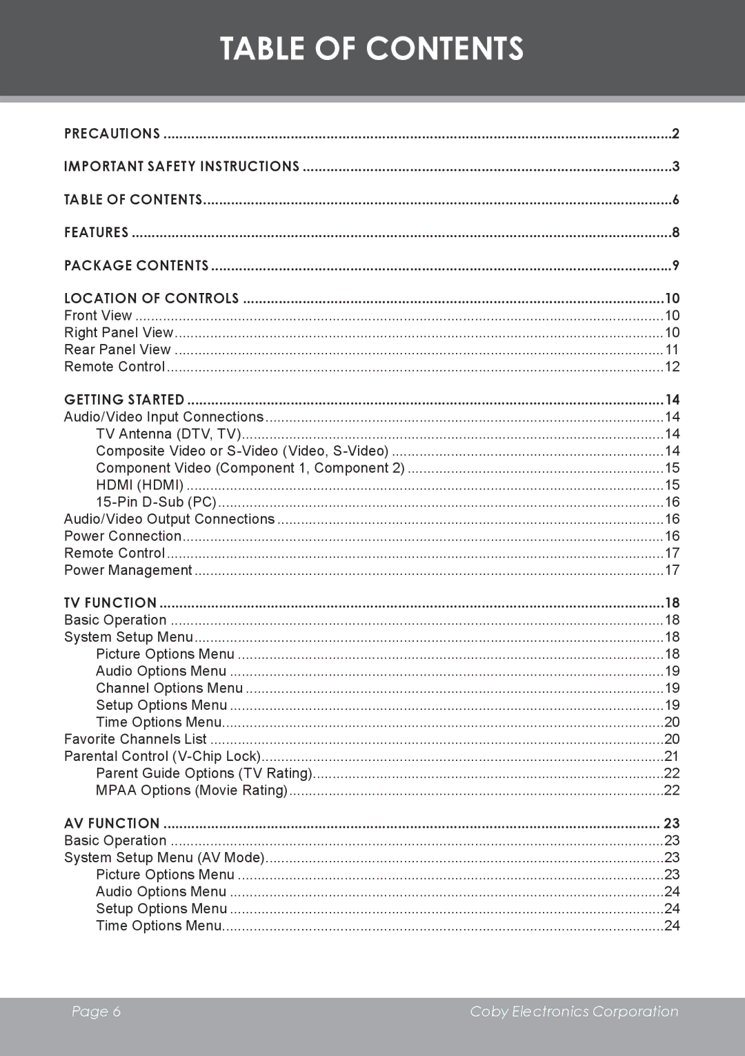 COBY electronic TF-TV2707 instruction manual Table of Contents 