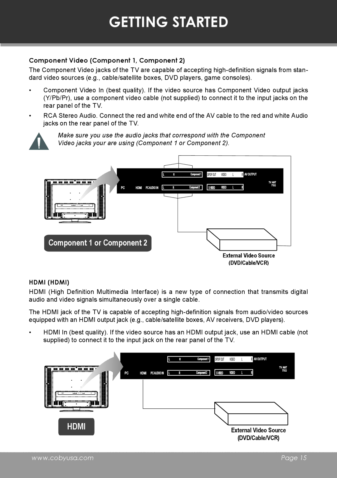 COBY electronic TF-TV3207 instruction manual Component 1 or Component, Component Video Component 1, Component 