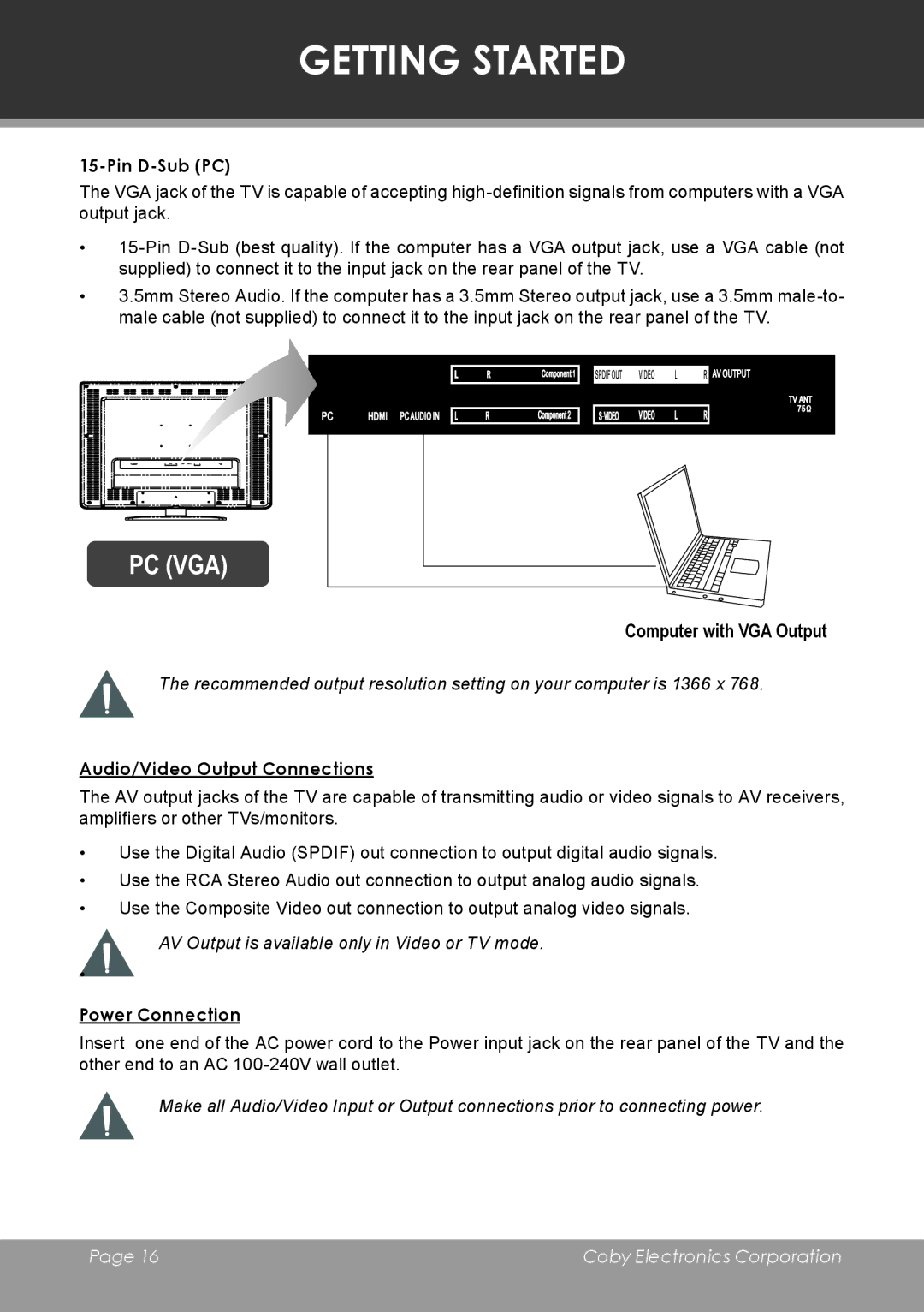 COBY electronic TF-TV3207 instruction manual Pin D-Sub PC, Audio/Video Output Connections, Power Connection 