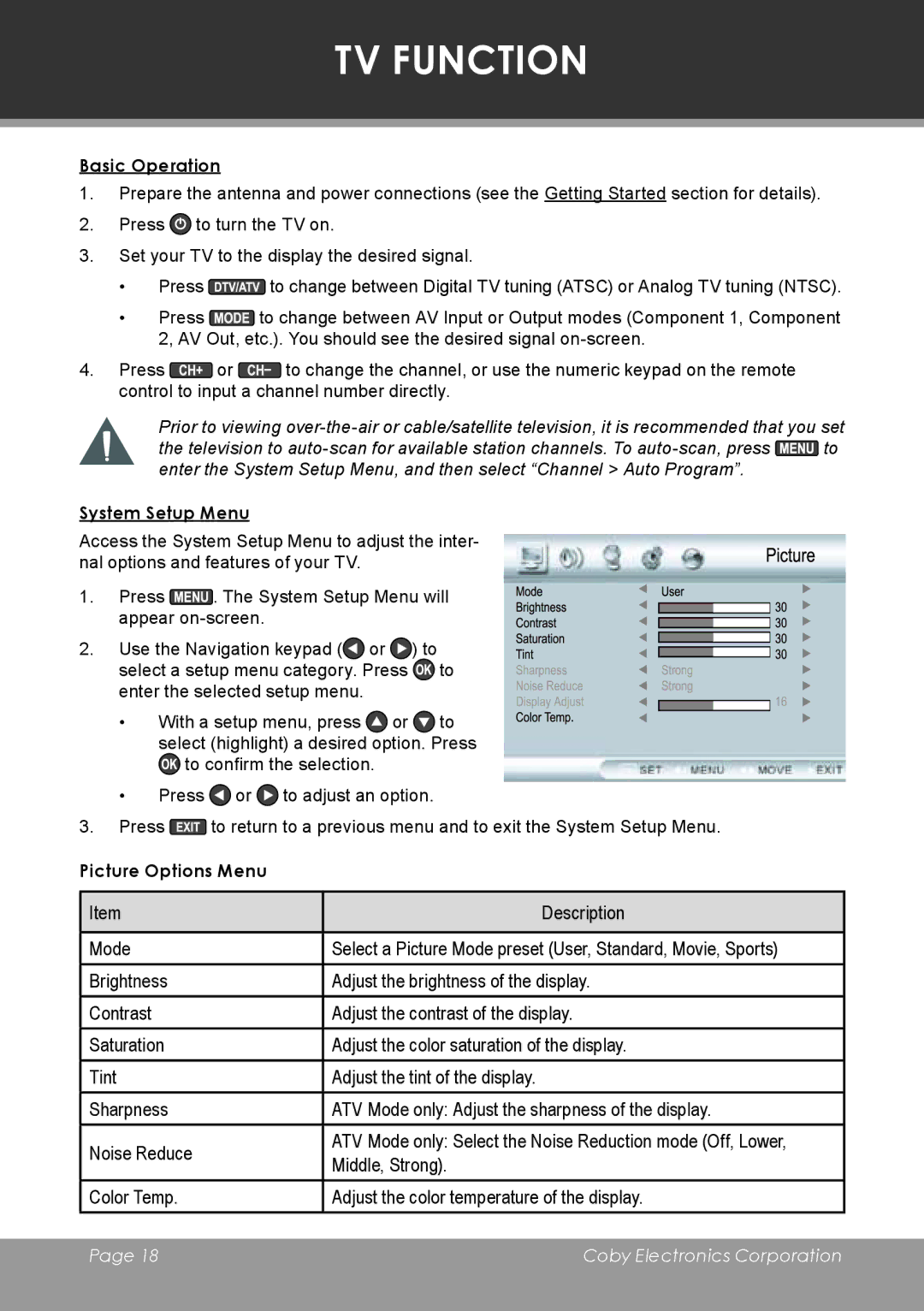 COBY electronic TF-TV3207 instruction manual TV Function, Basic Operation, System Setup Menu, Picture Options Menu 