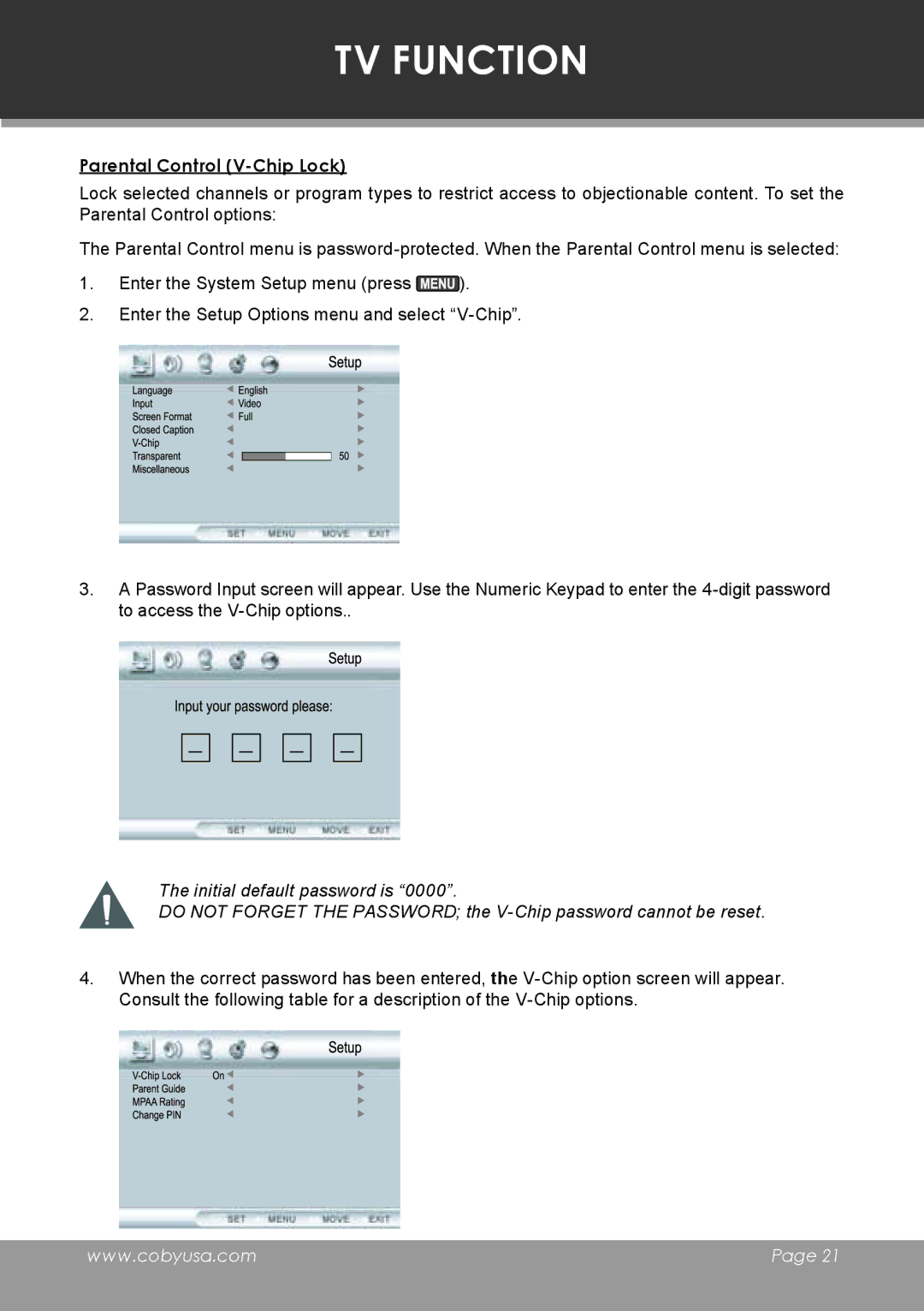 COBY electronic TF-TV3207 instruction manual Parental Control V-Chip Lock 