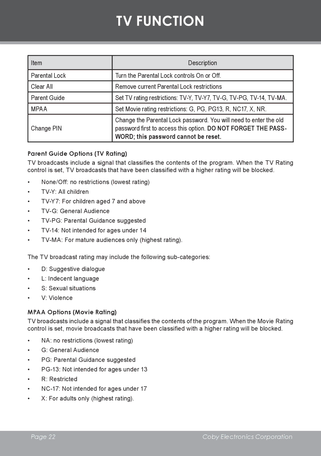 COBY electronic TF-TV3207 instruction manual Parent Guide Options TV Rating, Mpaa Options Movie Rating 