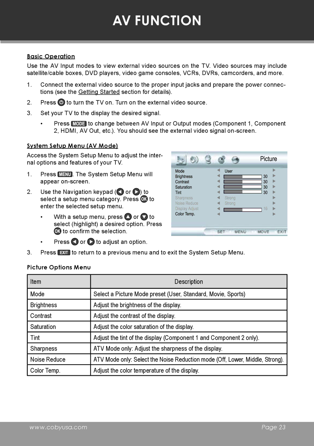 COBY electronic TF-TV3207 instruction manual AV Function, System Setup Menu AV Mode 