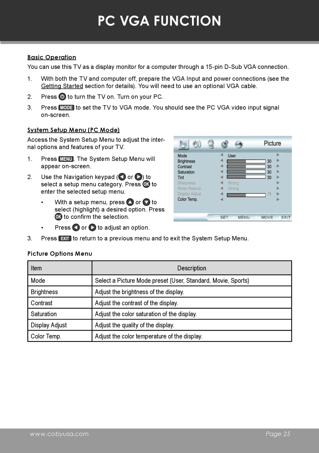 COBY electronic TF-TV3207 instruction manual PC VGA Function, System Setup Menu PC Mode 