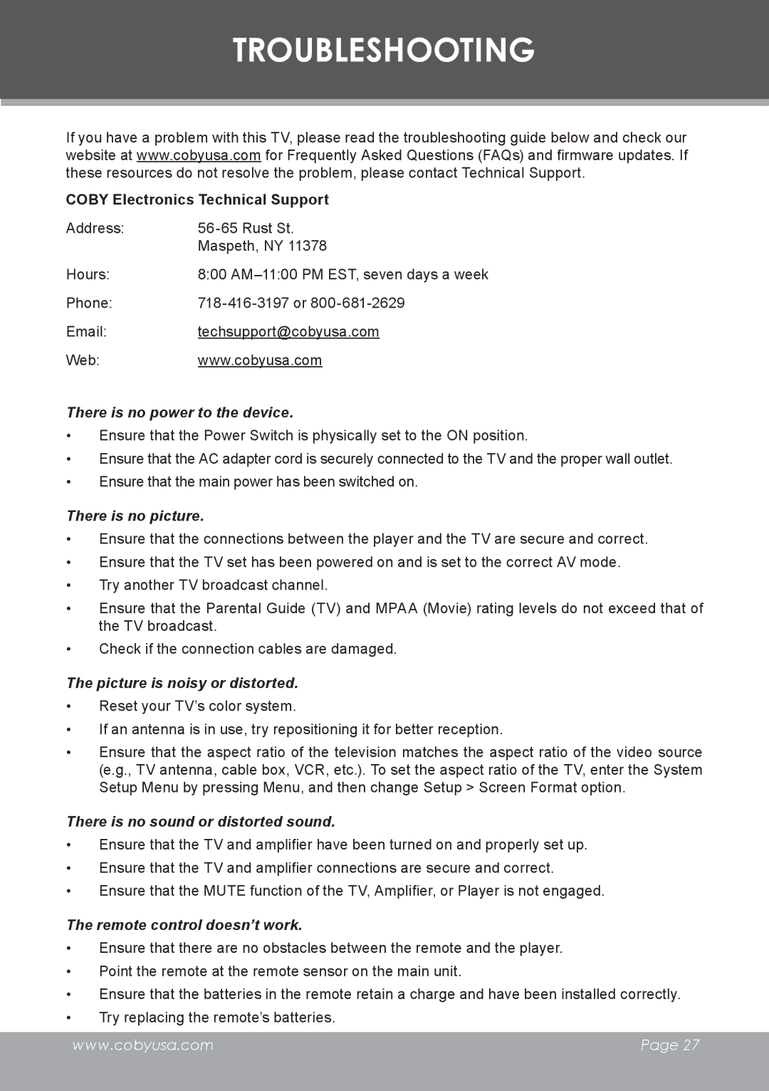 COBY electronic TF-TV3207 instruction manual Troubleshooting, Coby Electronics Technical Support 