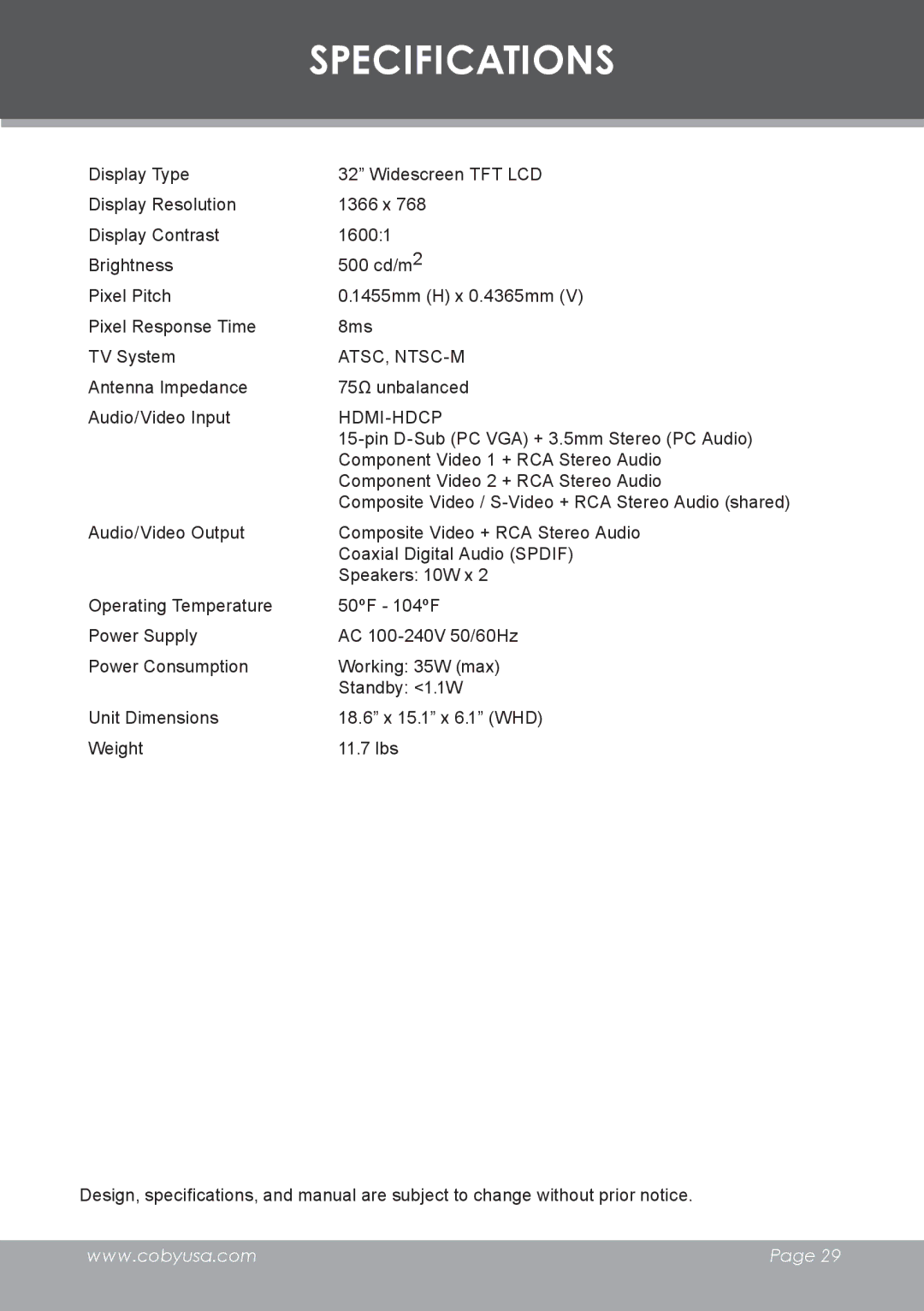 COBY electronic TF-TV3207 instruction manual Specifications, Hdmi-Hdcp 