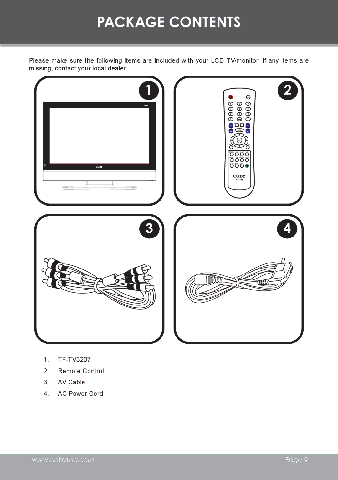 COBY electronic TF-TV3207 instruction manual Package Contents 