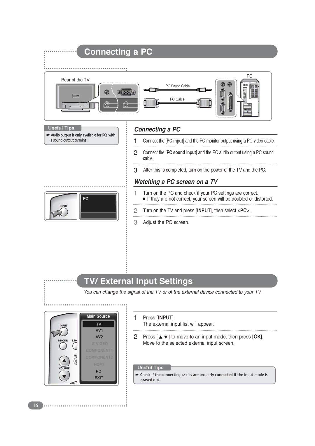 COBY electronic TF-TV3209, TF-TV2609 manual Connecting a PC, TV/ External Input Settings, Watching a PC screen on a TV 