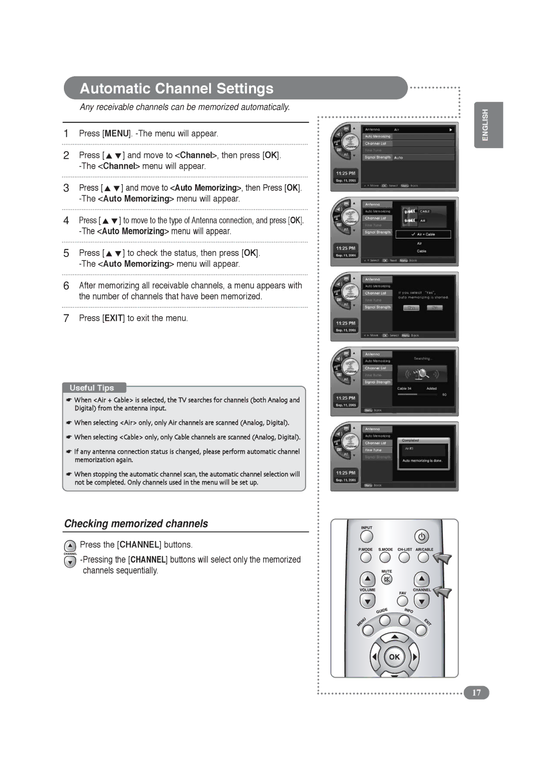 COBY electronic TF-TV2609 Automatic Channel Settings, Checking memorized channels, Auto Memorizing menu will appear, Press 